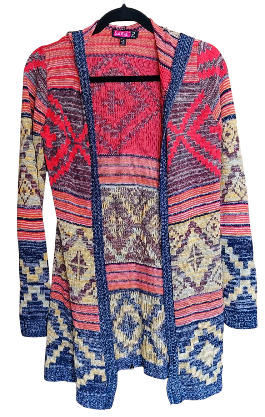 Say What? Women's Flowy Open Front Hooded Cardigan Southwestern Aztec Print Sz S